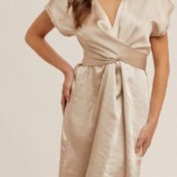Champagne Hem & Thread V-Neck Satin Wrap Midi Dress - NWT - Picture 8 of 8